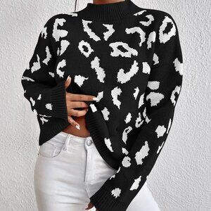 Black Casual Womens Leopard Pattern Mock Neck Drop Shoulder Sweater